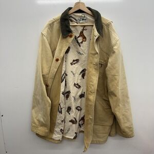 Vintage LL Bean Chore Coat Size 42 Beige Canvas Field Barn Corduroy Collar Lined